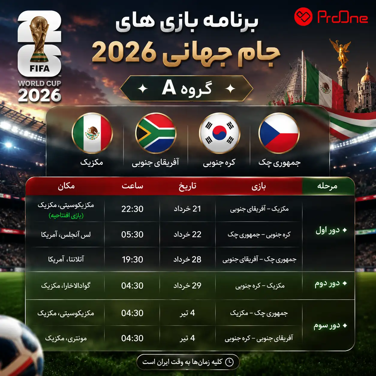 جدول بازی های گروه A جام جهانی 2026 به وقت ایران