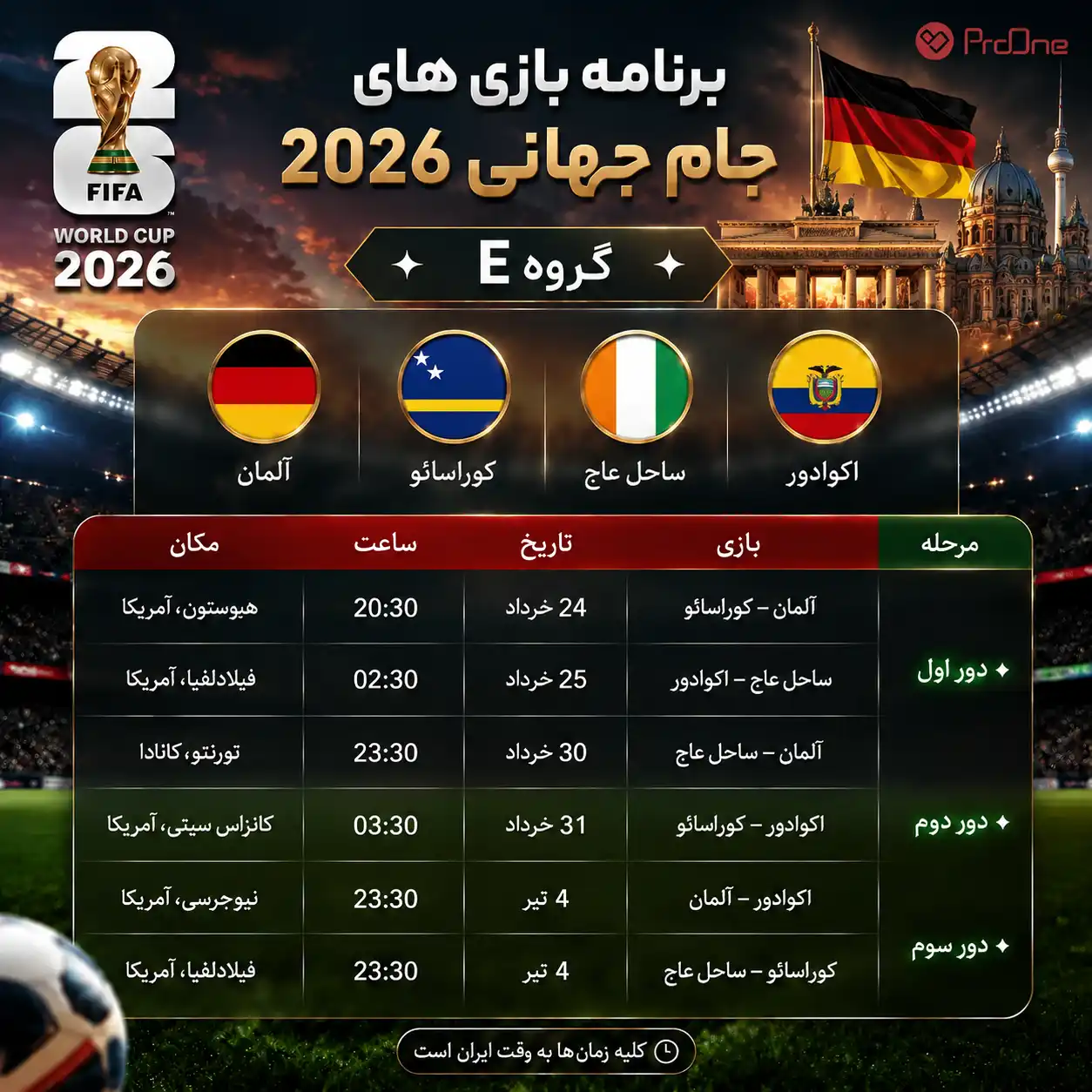 جدول بازی های گروه E جام جهانی 2026 به وقت ایران