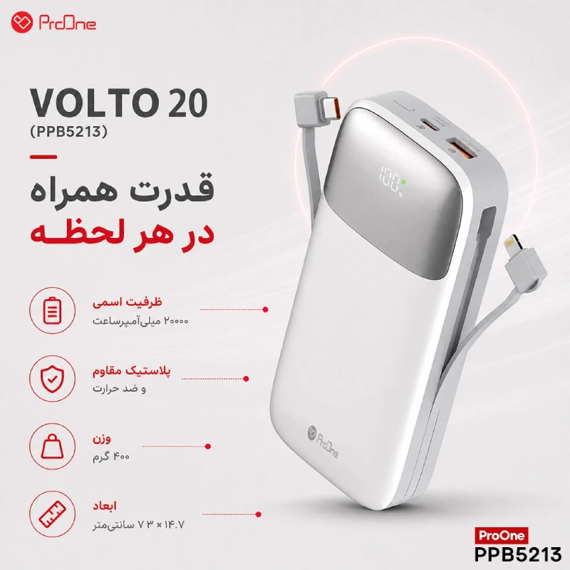 شارژر همراه پرووان مدل VOLTO 20 (PPB5213) با ظرفیت ۲۰۰۰۰ میلیآمپرساعت